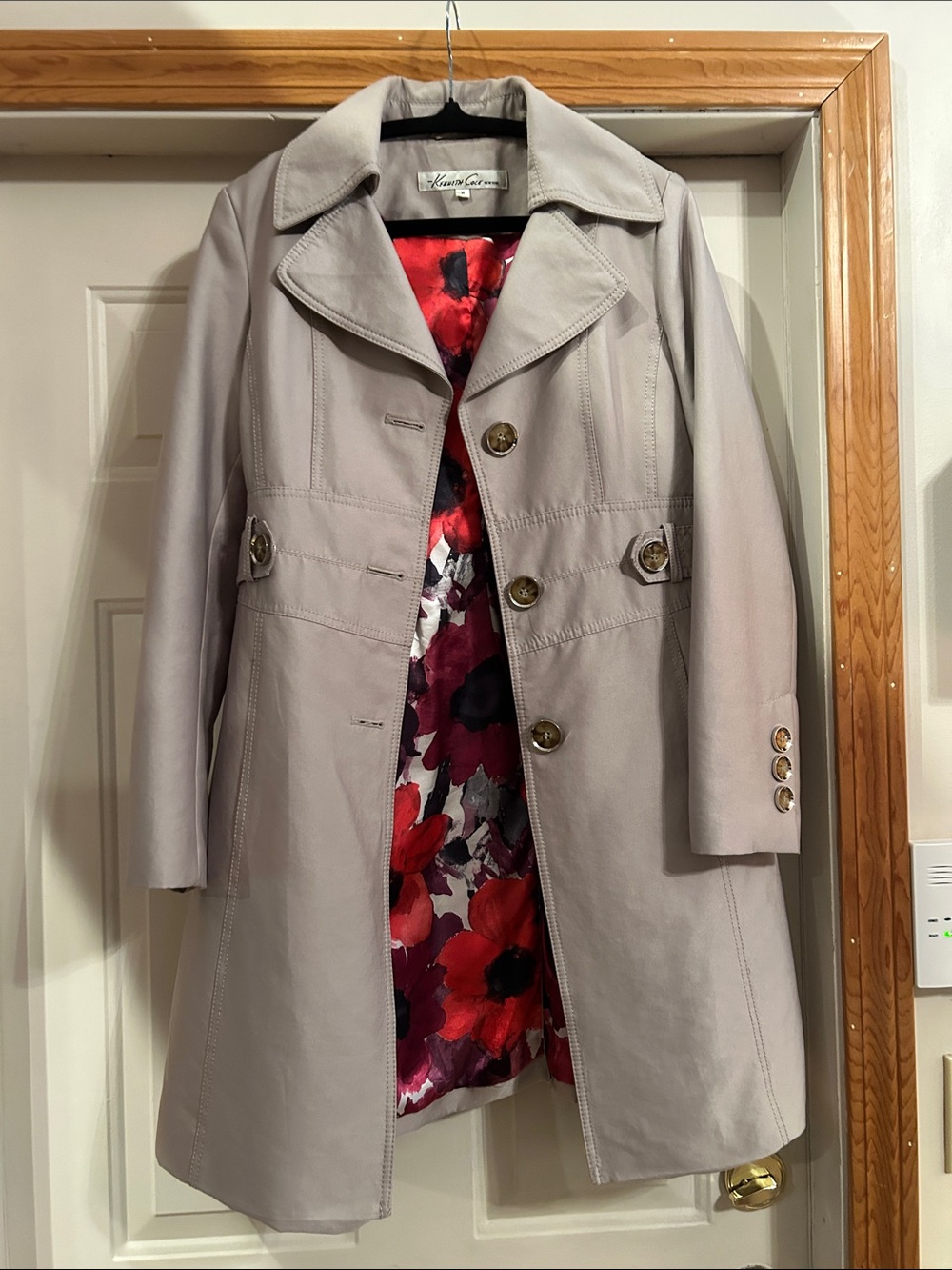 Kenneth Cole Light Gray Leather Trench with Red Floral Lining